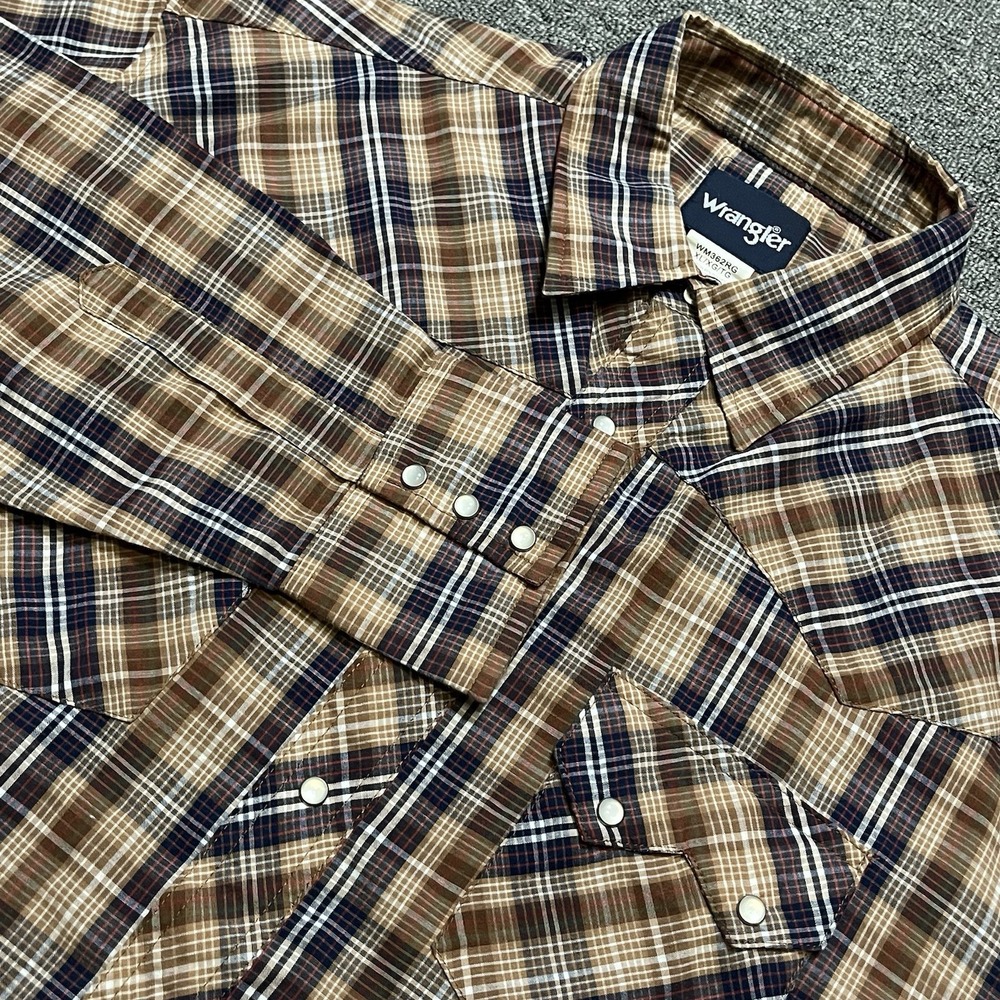 Wrangler Plaid Western Pearl Snap Shirt Men's XL Brown Tan Blue Long Sleeve